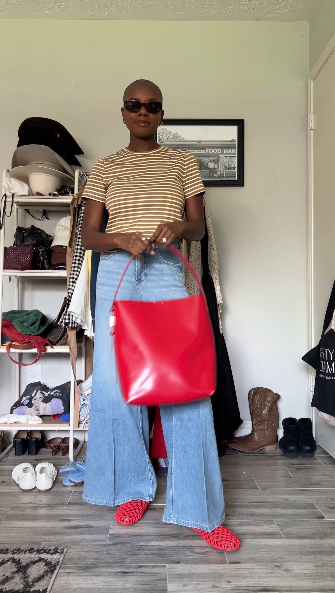 Easy summer outfit! Light weight wide leg jeans, striped short sleeve T-shirt, red woven ballet flats and red bucket purse.

#LTKgrwm #LTKootd #LTKmomlife
