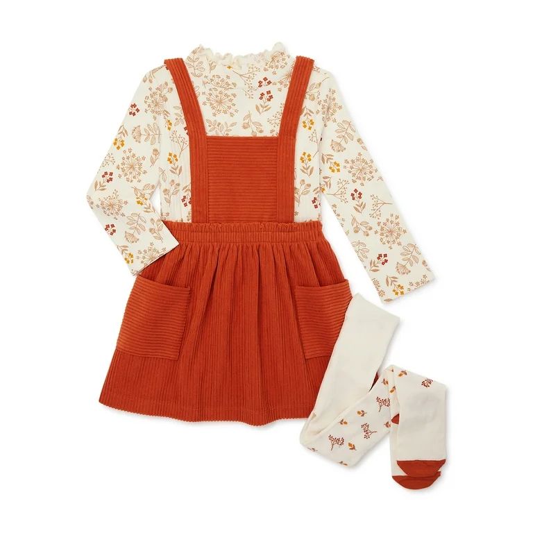 Wonder Nation Toddler Girl Velvet Pinafore, Top and Tights Outfit Set, 3-Piece, Sizes 12M-5T | Walmart (US)