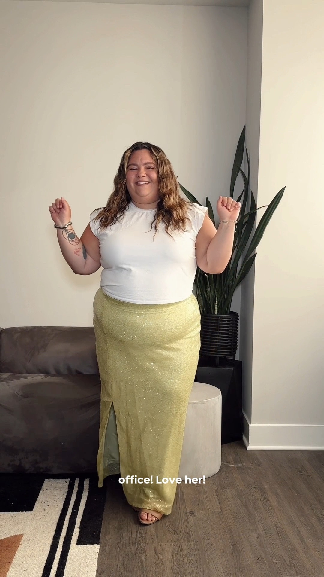💻 + 🧜‍♀️ showing up to work as a mermaid was so much more fun. ✨ would you wear this plus size outfit to the office? I’m 5’2 and size 20! 
➕ details: 
• sequin maxi skirt: Eloquii size 20 
• t shirt: Eloquii size 20 (old but similar linked below) 
• anti chub rub slip shorts: yitty size 2X
• heels: naturalizer 


#LTKPlusSize #LTKWorkwear #LTKMidsize
