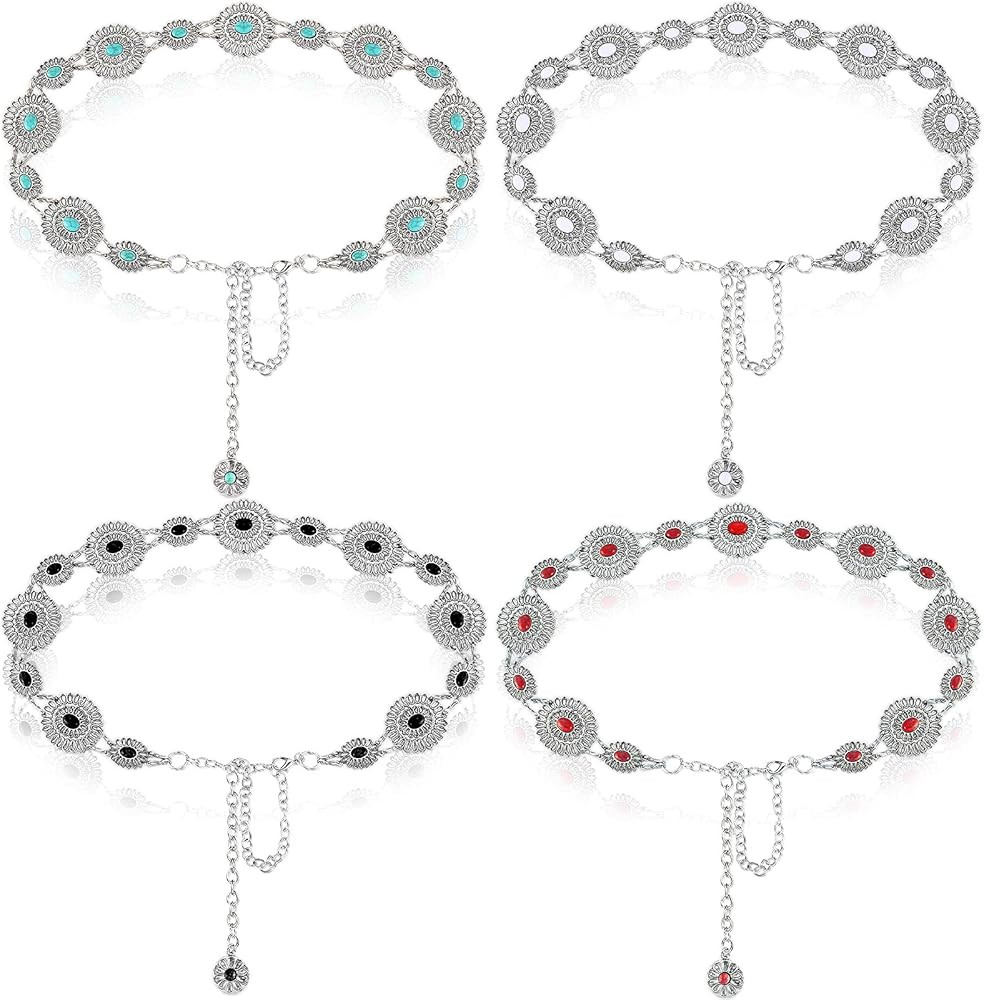 4 Pieces Women Turquoise Chain Belt Concho Belts Adjustable Western Metal Waist Chain Belt for Je... | Amazon (US)