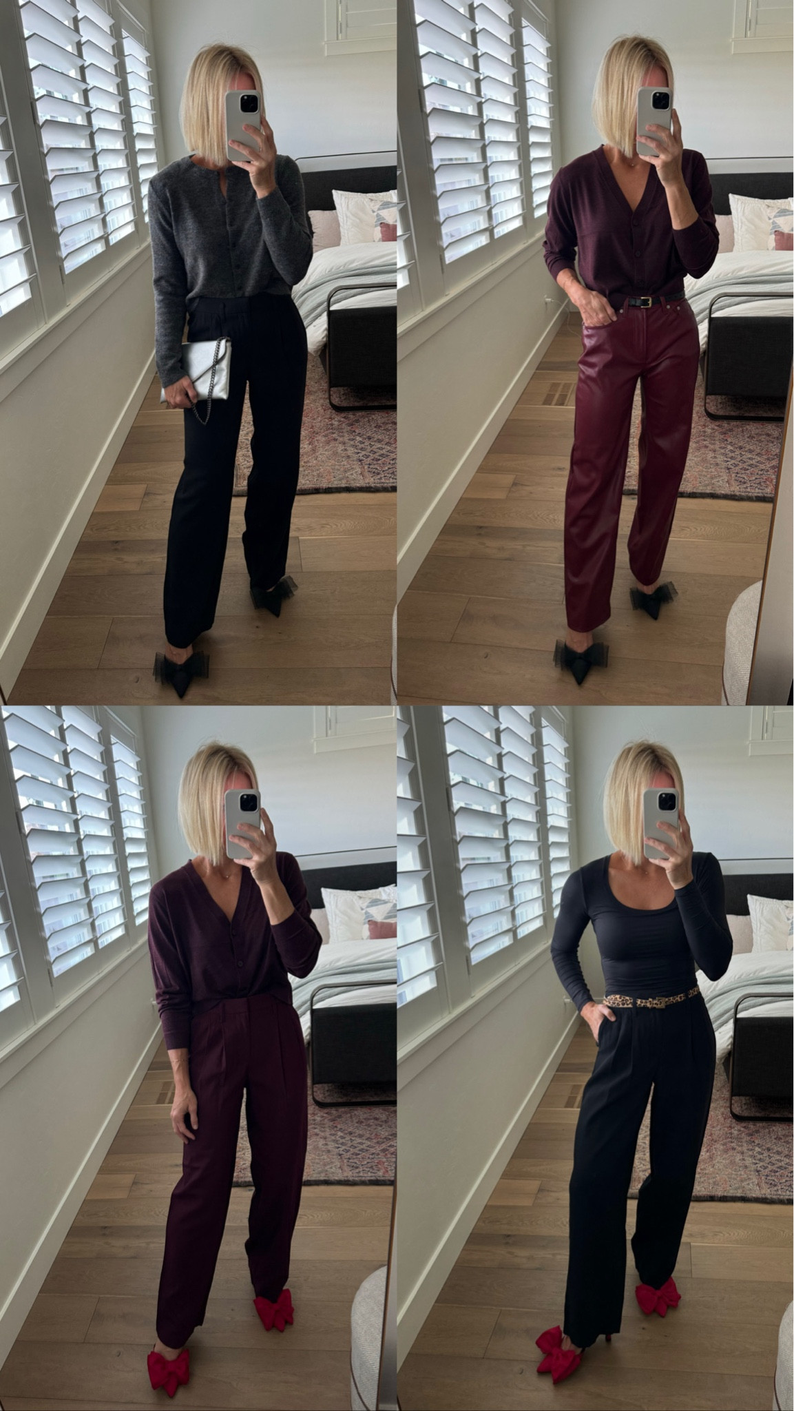 Mix n match black & burgundy pant-outfits. Added some metallic, leopard and red for a little interest.
Easy, affordable holiday looks!
Sizing:
All pants fit tts, except lower left pants fit big! All tops fit tts. Wearing size medium 
Metallic-silver clutch is old. Linked similar styles 

#LTKHoliday #LTKFindsUnder50 #LTKSeasonal