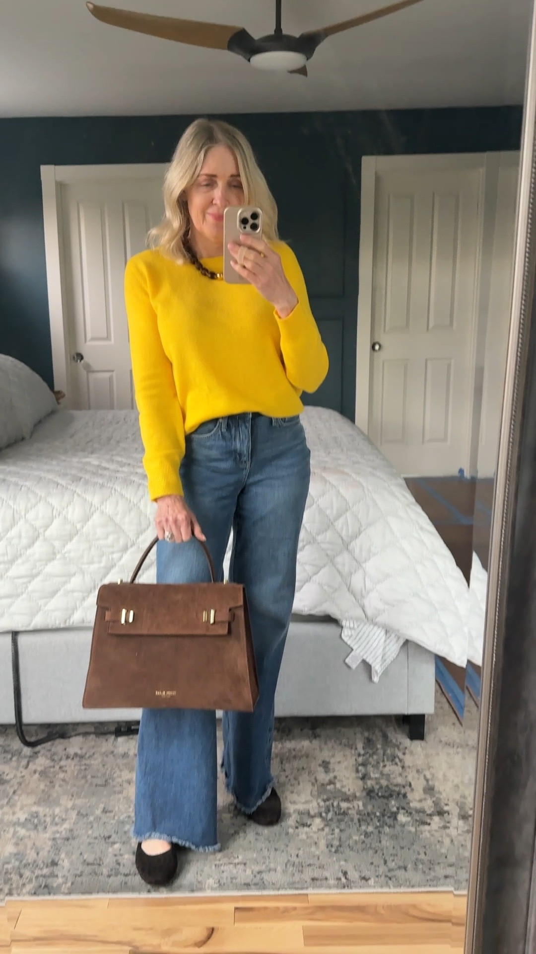 Fall outfit women over 50. @NYDJ cashmere sweater size small, Mia Palazzo jeans size 00. @Rothy's animal print Mary Jane flats size up.

Fall transition outfit, fall denim, fall shoes, affordable outfits, over 50 style, cozy sweaters, Teddy Blake handbag, date night outfit, teacher outfit, business casual outfit