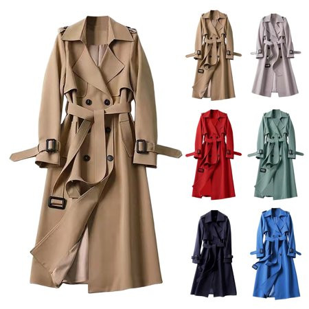 Ysiyy Women Trendy Mid-Length Double Trench Coat with Lapels Solid Color Relaxed Comfortable Fit Outerwear | Walmart (US)