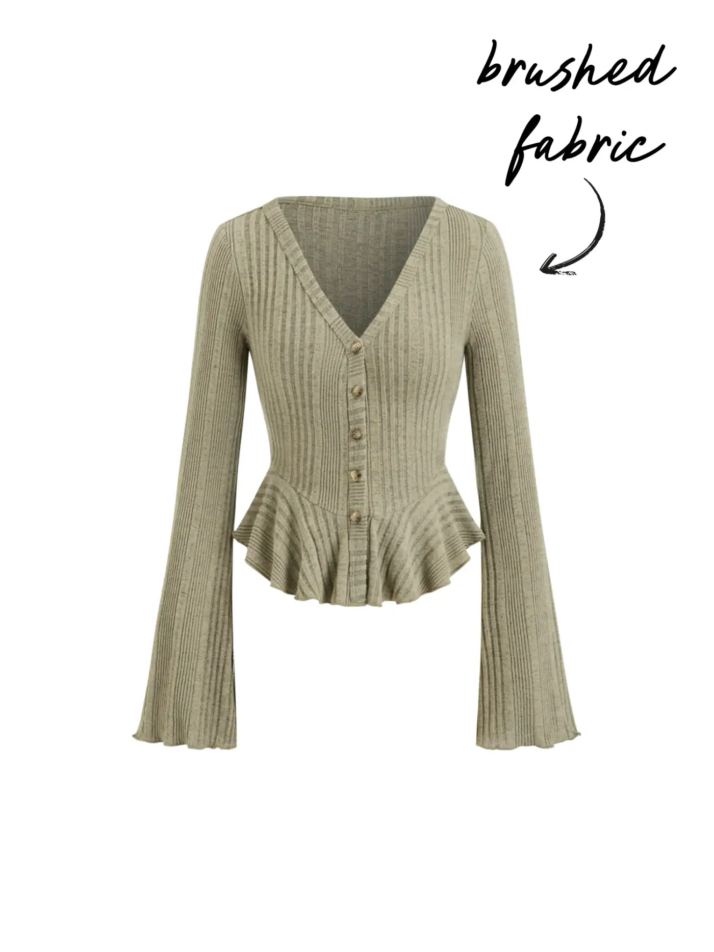 Brushed Fabric V-neck Bell Sleeve Ruffle Hem Button Top | Cider