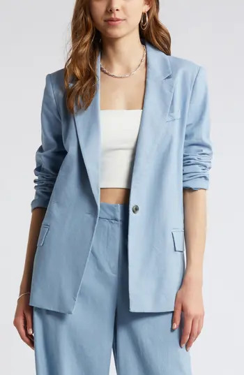 Open Edit Linen Blend Blazer in Blue Chambray at Nordstrom Rack, Size Small | Nordstrom Rack