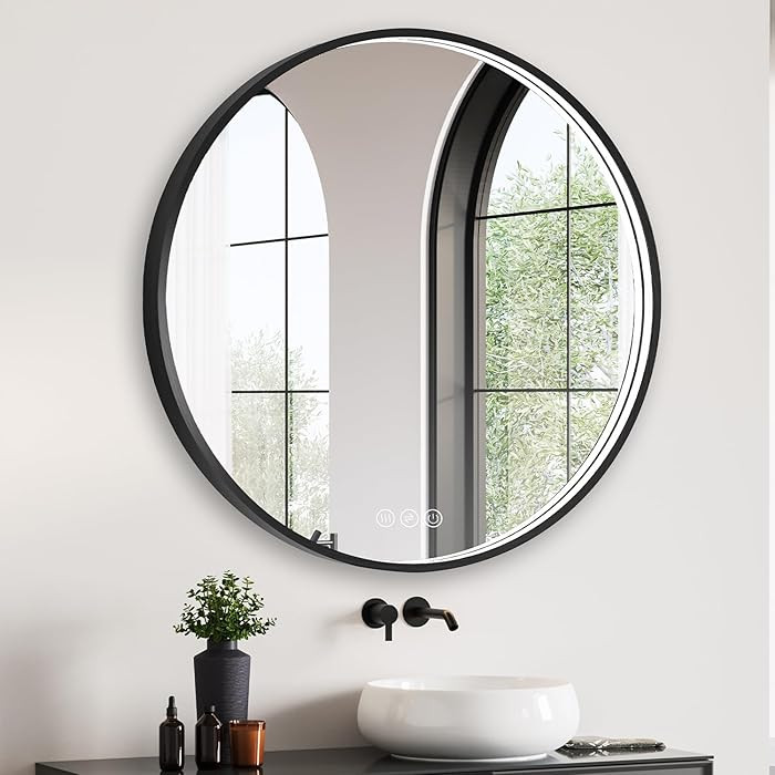 32 x 32 Inch LED Round Bathroom Mirror – Black Metal Framed Lighted Mirror with 3 Color Modes, ... | Amazon (US)