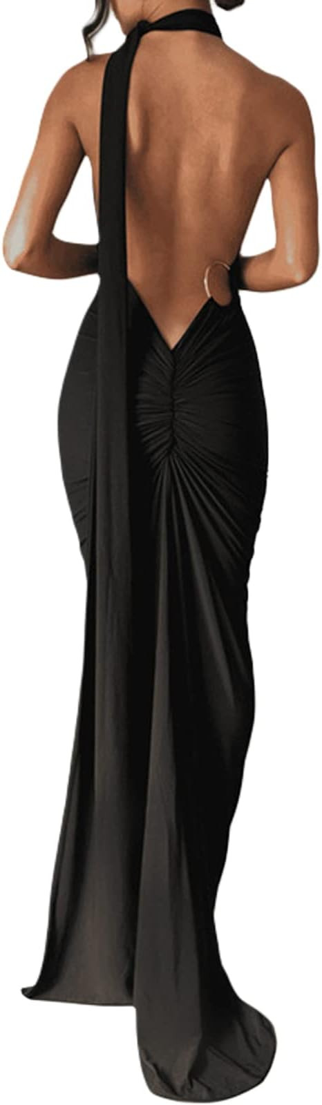 Axupico Women Sexy Backless Maxi Dress Sleeveless Halterneck Solid Slim Fit Bodycon Formal Cockta... | Amazon (US)