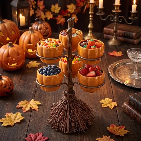 Diceymbol Halloween Pumpkin Snack Bowl Stand Collapsible Broomstick Candy Tray for Cupcakes & Desserts, Resin Serving Platter with Ceramic Pumpkin Bowls | Walmart (US)