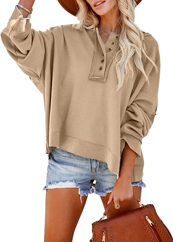 HOTAPEI Women's Casual V Neck Button Up Long Sleeve Hoodies Cropped Pullover Hooded Sweatshirt Tops | Amazon (US)