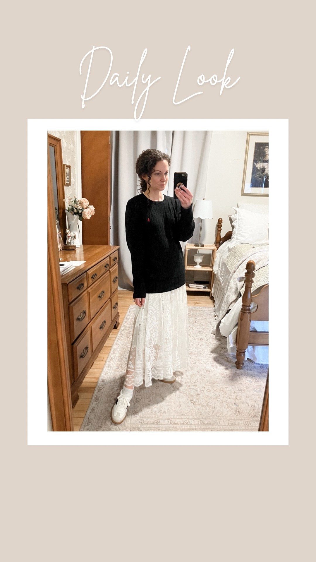 Black and white spring outfit!
Black cotton cable knit sweater from Ralph Lauren. 
Cream lace skirt from Amazon. 
Tennis shoes from @Target 
Petite outfit. Modest outfit. Neutral outfit. Spring outfit. Parisian outfit. Neutral outfit. Classic outfit  

#LTKgrwm #LTKdayinmylife #LTKootd