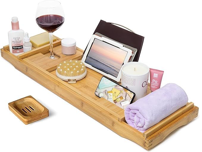 Amazon.com: CINEYO Luxury Bamboo Bathtub Caddy Tray - Expandable Bath Table Over Tub with Wine G... | Amazon (US)