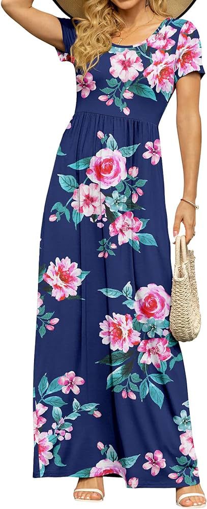 DB MOON Women's Short Sleeve Maxi Dresses Casual Empire Waist Long Dress with Pockets | Amazon (US)