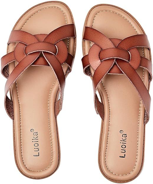 Luoika Women's Wide Width Flat Slides Sandals, Casual Comfortable Strap Sandal Summer Beach Dress... | Amazon (US)