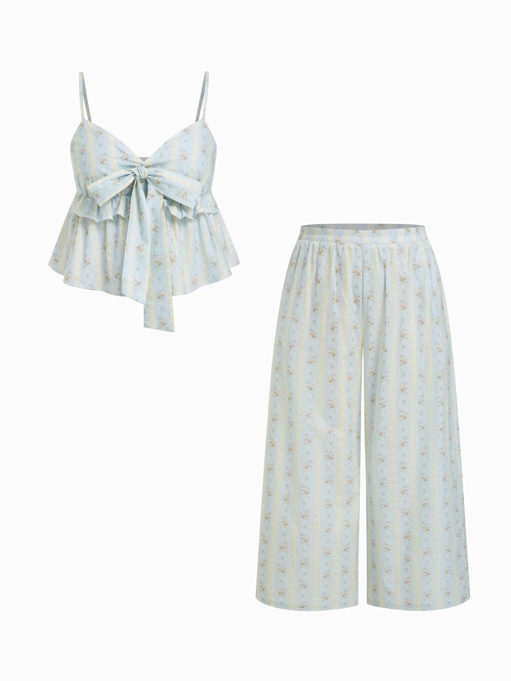 Cotton Floral Sweetheart Bowknot Cami Top & Mid-Rise Wide-Leg Loungewear Set Curve & Plus | Cider