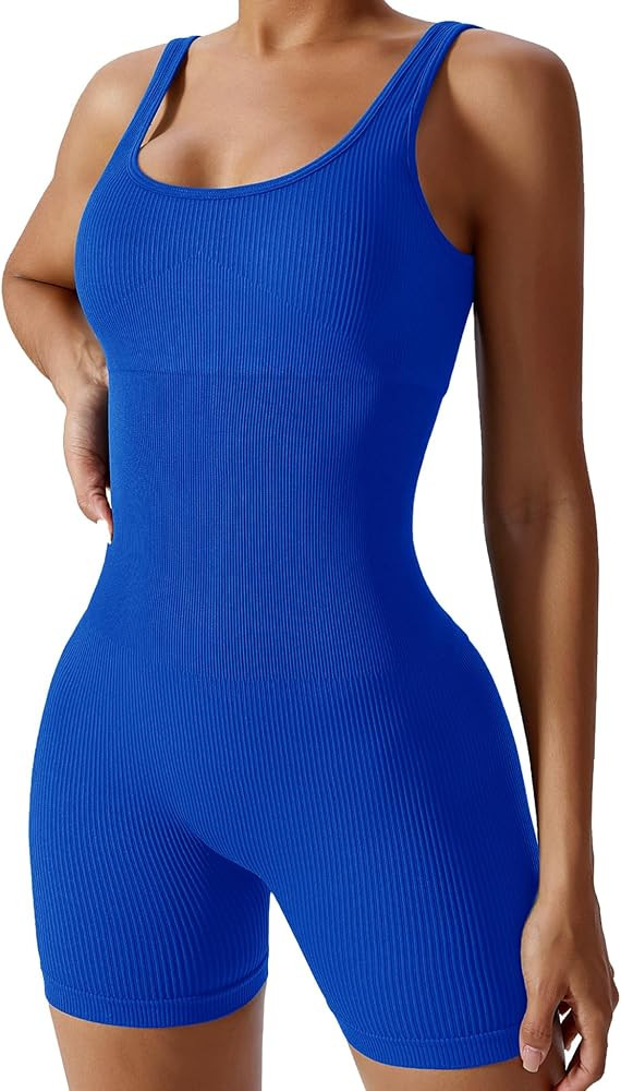 Loovoo Seamless Ribbed Jumpsuit for Women Strappy Square Neck Tank Top Padded Bra One Piece Short... | Amazon (US)