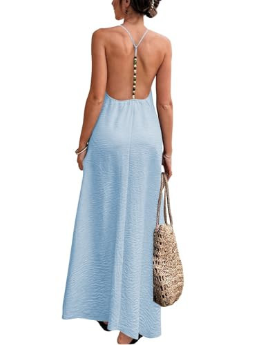 Verdusa Women's Backless Cami Dress Long Maxi Linen Dresses Summer Resort Wear Beach Outfits Sun Dress Blue Small | Amazon (US)