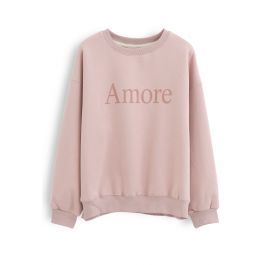 Amore Printed Fleece Sweatshirt in Pink | Chicwish