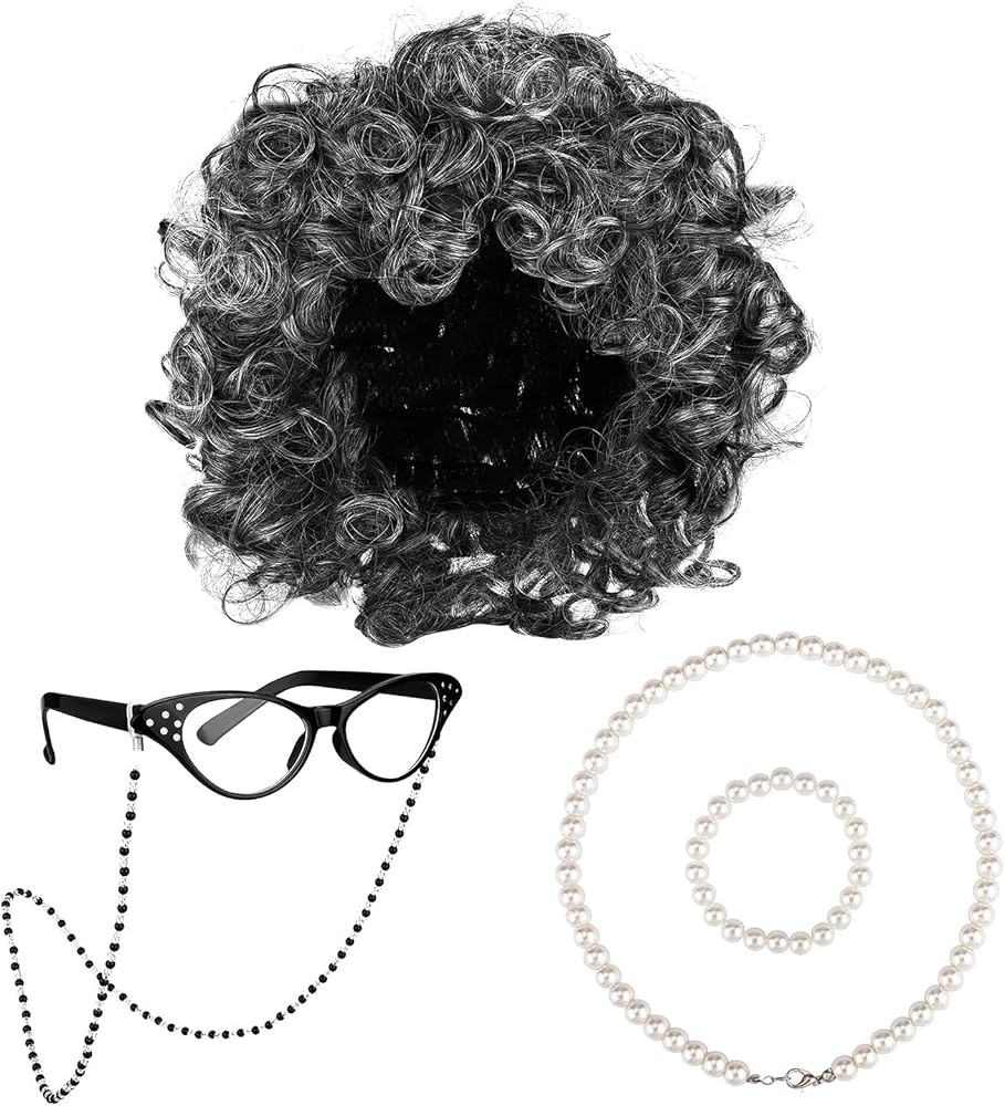 URATOT 5 Pieces Halloween Kids Old Lady Wig Costume Set Wig with Glasses Chain Pearl Necklace Bra... | Amazon (US)