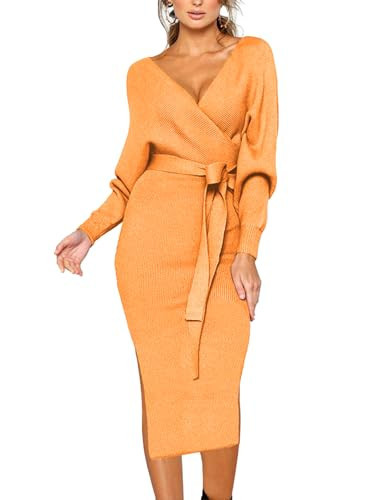 CHERFLY Women's V Neck Sweater Dresses Batwing Long Sleeve Backless Bodycon Long Dress with Belt(Orange Yellow,S) | Amazon (US)