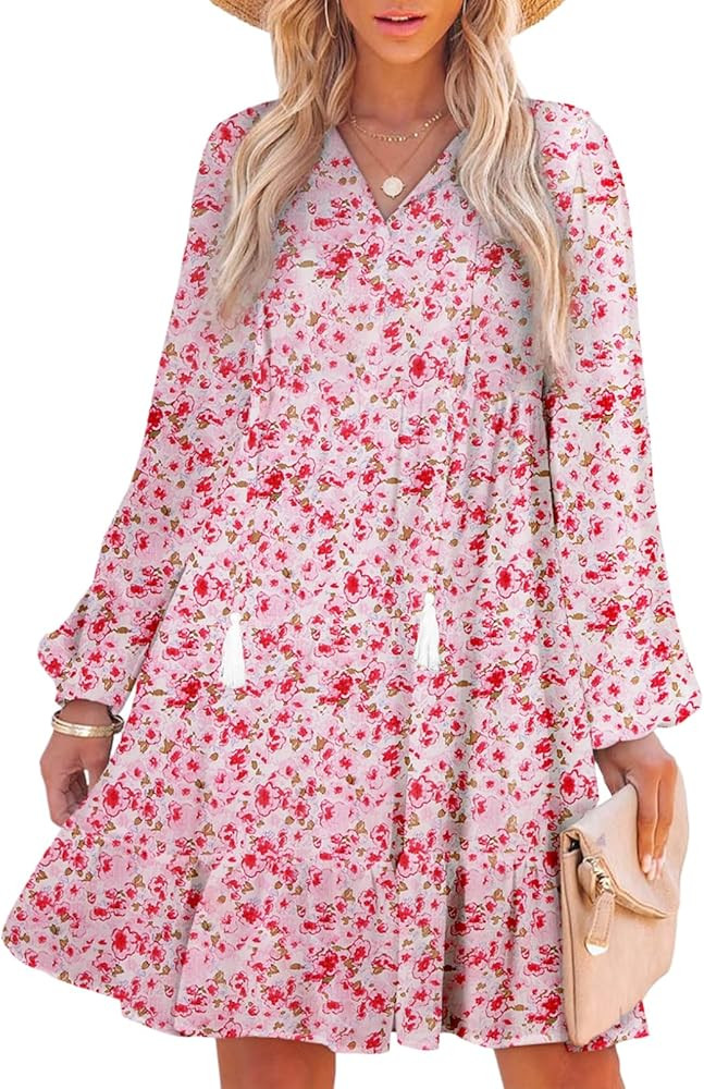 SHEWIN Women's Spring Summer Boho Floral Dresses Casual V Neck Short/Long Sleeve Ruffle Hem A-Lin... | Amazon (US)
