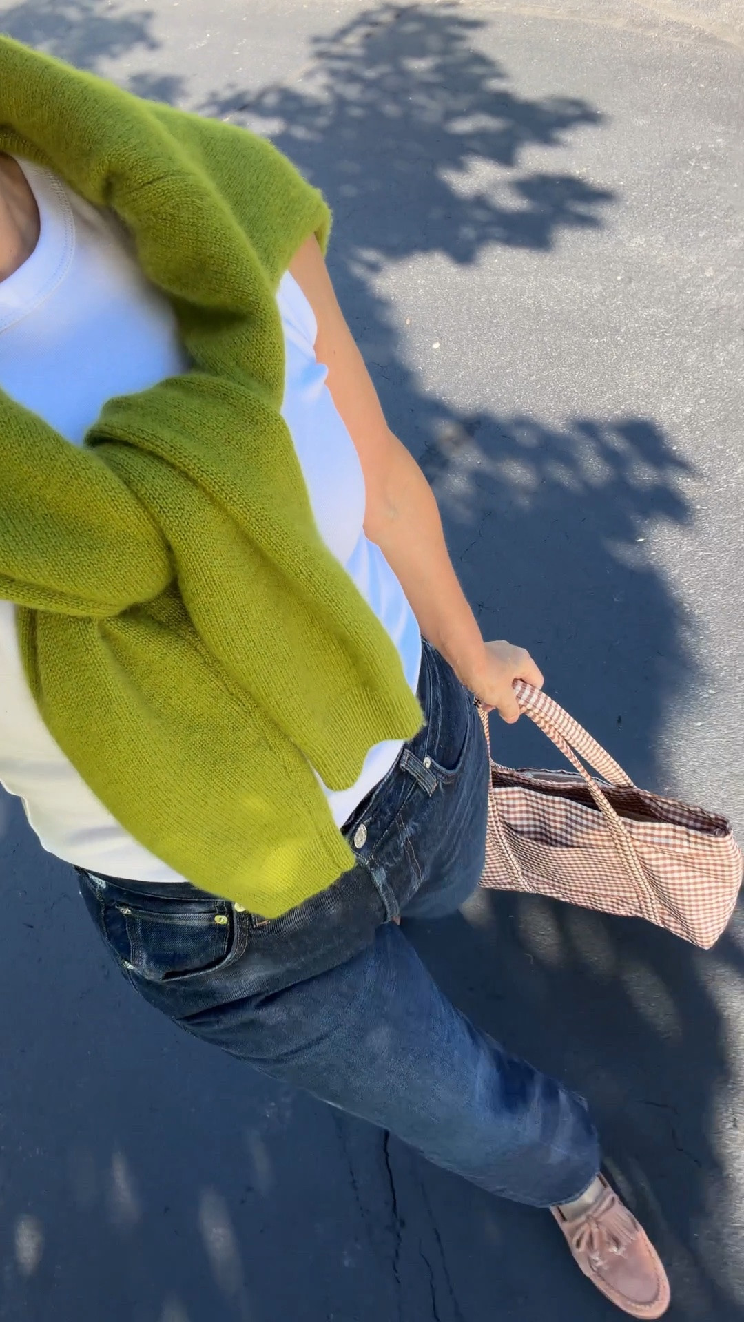 Hi! Love love love these citizen of humanity jeans, they're an easy fit but still wearing my regular size. Tuckernuck cashmere sweater in Peridot green is gorgeous in person, also own the shell style. I wear this white shell tank multiple times a week, perfect on its own or for Fall layering. Freda Salvador loafers are impossibly soft, fit true to size (code LATELY10). Wipe clean Loeffler Randall tote in the everyday size but also love the Travel size for an larger on the go tote. xo, Claire