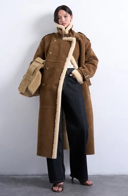 Topshop Longline Aviator Faux Shearling Coat in Brown at Nordstrom, Size Medium | Nordstrom