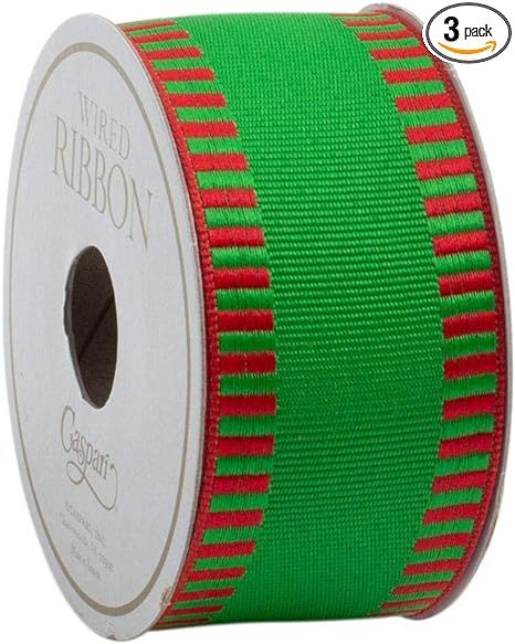 Caspari Green with Red Striped Border Wired Ribbon - Three 18 Foot Spools | Amazon (US)