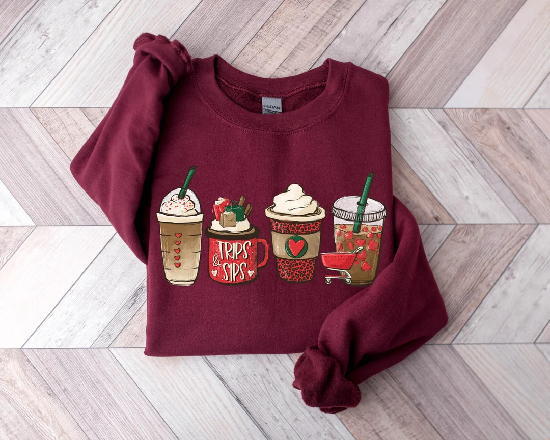 Trips and Sips Shopping Coffee Sweatshirt, Shopaholic Iced Latte Black Friday Shirt, Christmas Co... | Etsy (US)