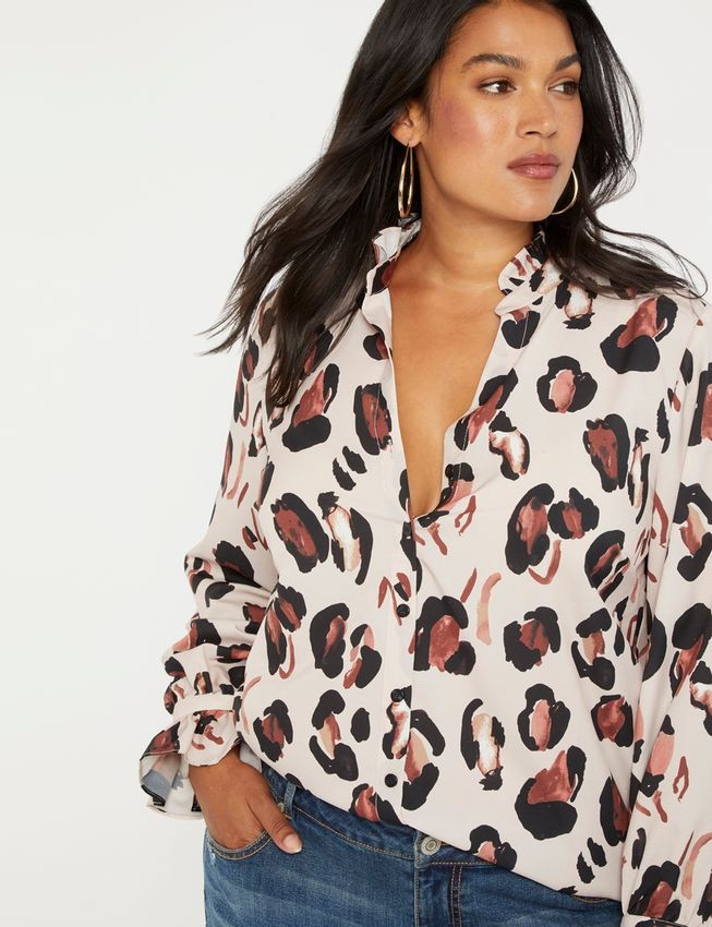 Printed Button Down Shirt W/ Ruffle Neck | Eloquii