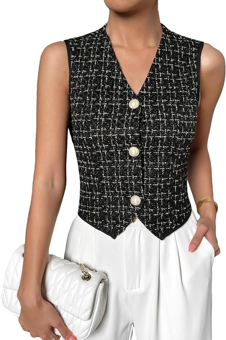 SweatyRocks Women's Elegant Plaid Print Sleeveless V Neck Button Down Blazer Vest Jacket | Amazon (US)