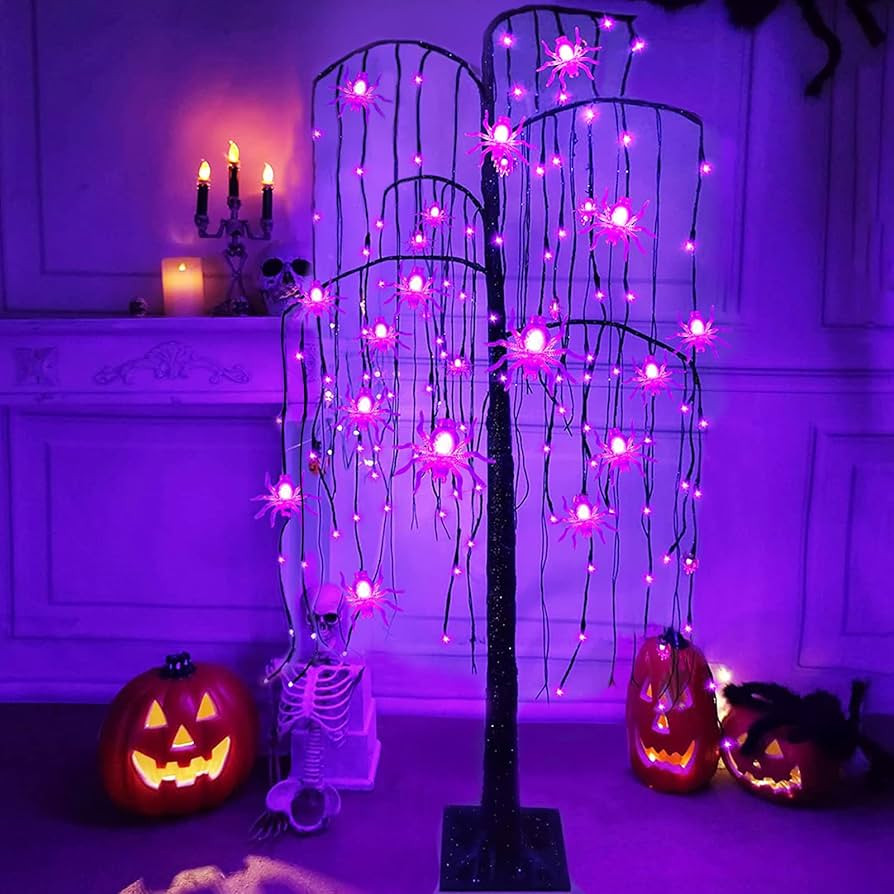 4Ft 84LED Black Halloween Willow Tree Decoration with Timer 16 Spider Purple Lights Spooky Artifi... | Amazon (US)