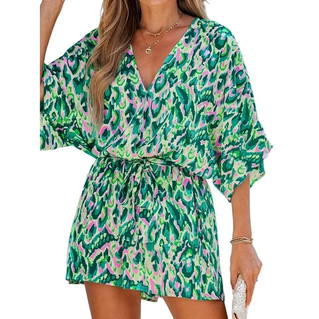 Cupshe Women's Green Lace Up Leopard Print Romper Short Sleeves Jumpsuits Wide leg Outfit - Walma... | Walmart (US)