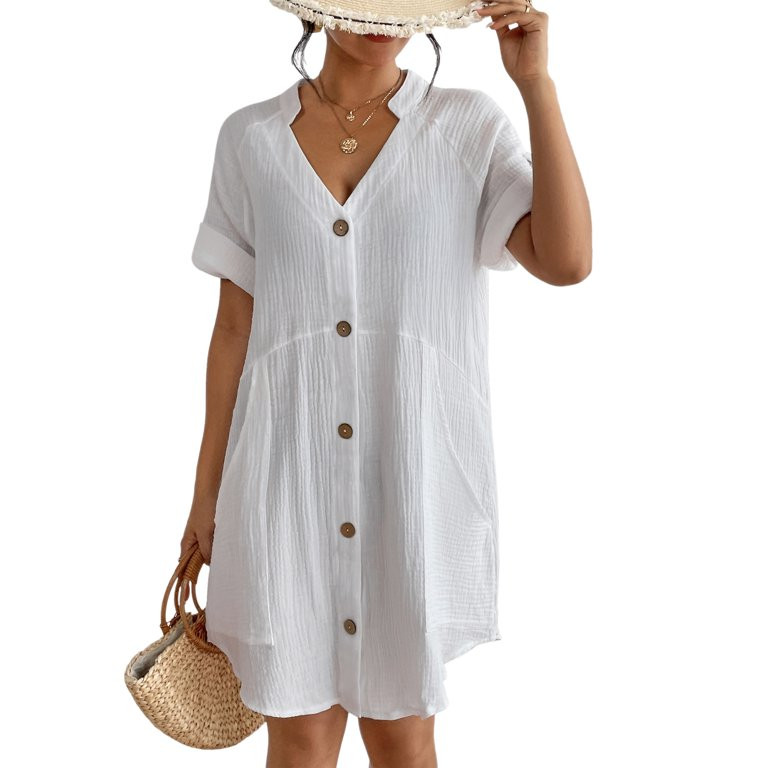Bsubseach Cotton Swimsuit Cover Up for Women White Short Sleeve Beach Dress Summer Outfits | Walmart (US)
