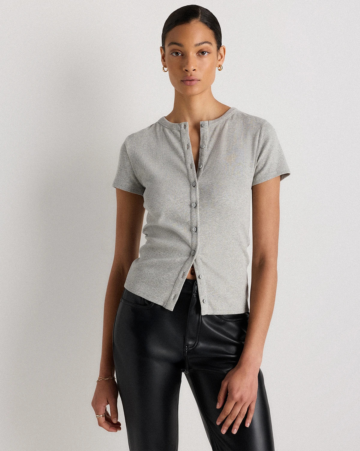 Quince | Women's Micro-Rib Button T-Shirt in Black, Size Small, Organic Cotton | Quince