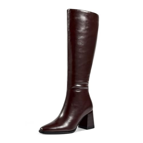 wetkiss Chunky Boots Dark Burgundy Knee High Boots Brown Boots for Women Almond Toe High Knee Boots Fall Boots Stacked Block Heeled Boots Chunky Heel Tall Boots Round Toe Long Boots PU Leather Boots | Amazon (US)