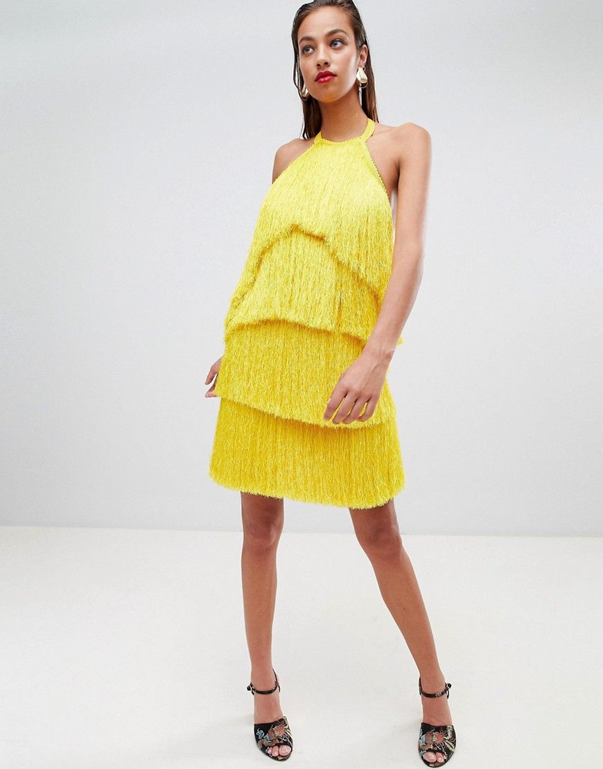 ASOS DESIGN PREMIUM fringe halter tassel back mini dress - Yellow | ASOS US