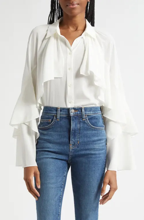 Veronica Beard Demaris Ruffle Stretch Silk Button-Up Shirt in Dove at Nordstrom, Size 8 | Nordstrom