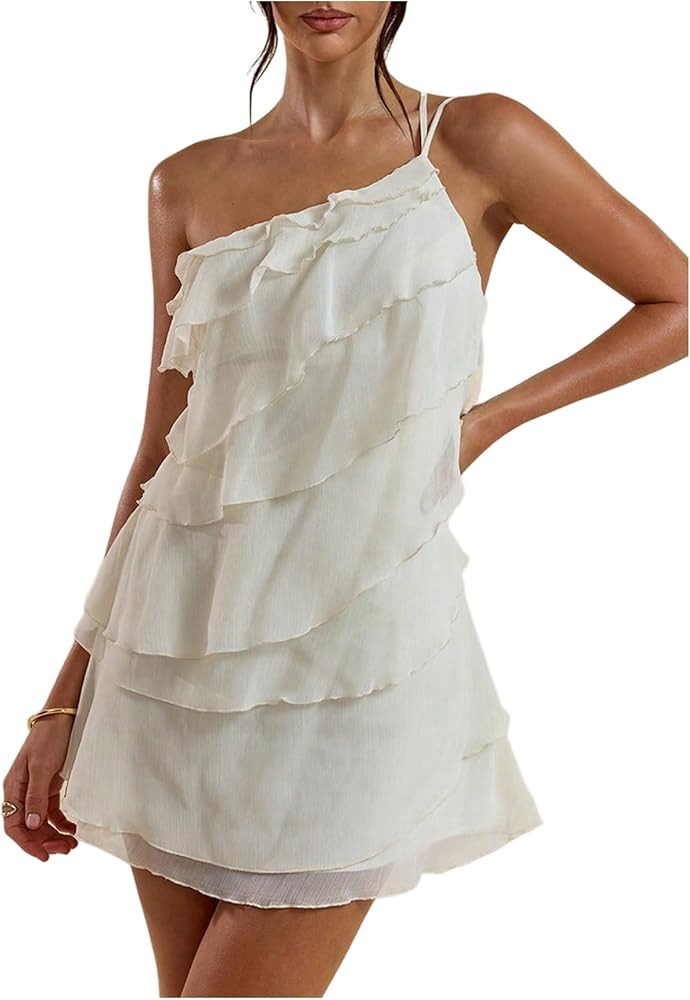 SOLY HUX Women's Mini Dress One Shoulder Ruffle Mesh Dresses Layered Backless Vacation Party Sund... | Amazon (US)