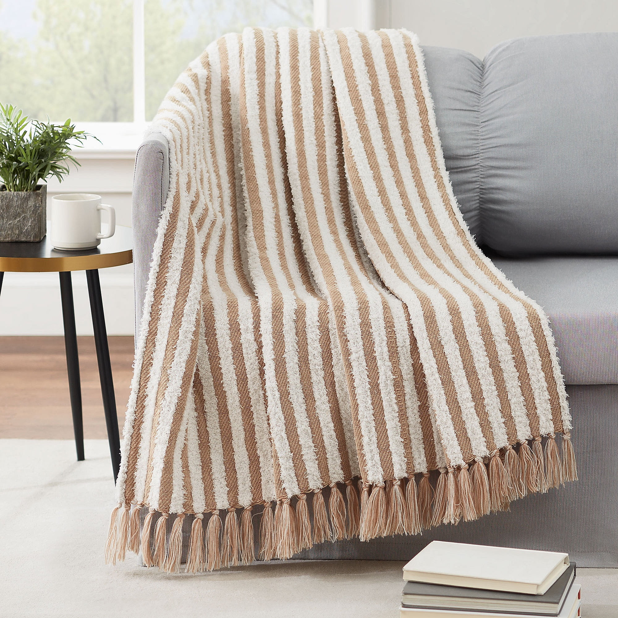 Better Homes & Gardens Cozy Woven Chenille Throw, Camel Stripe, Oversized Throw | Walmart (US)