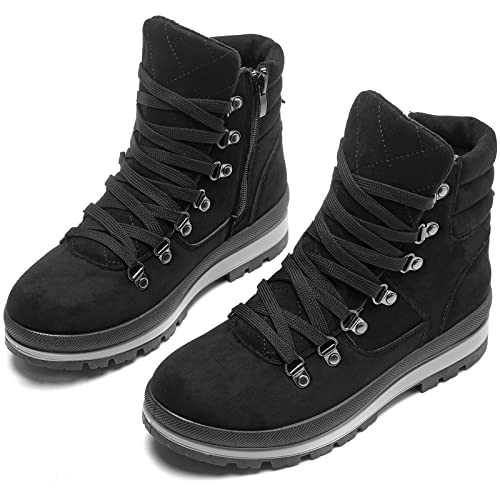 Shupua Women's Ankle Boots Winter Snow boots Fur Lined Warm Booties Girls Snow boot Lace Up Ankle Boots(Black.US11) | Amazon (US)