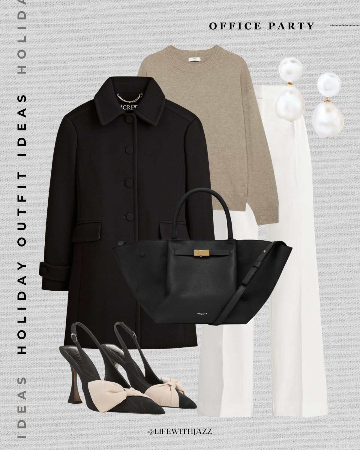  Holiday outfit idea — office party 

Black tailored coat / cashmere sweater / white trousers / pearl earrings / bow with heels / Demellier the midi New York tote 

 

#LTKHoliday #LTKootd
