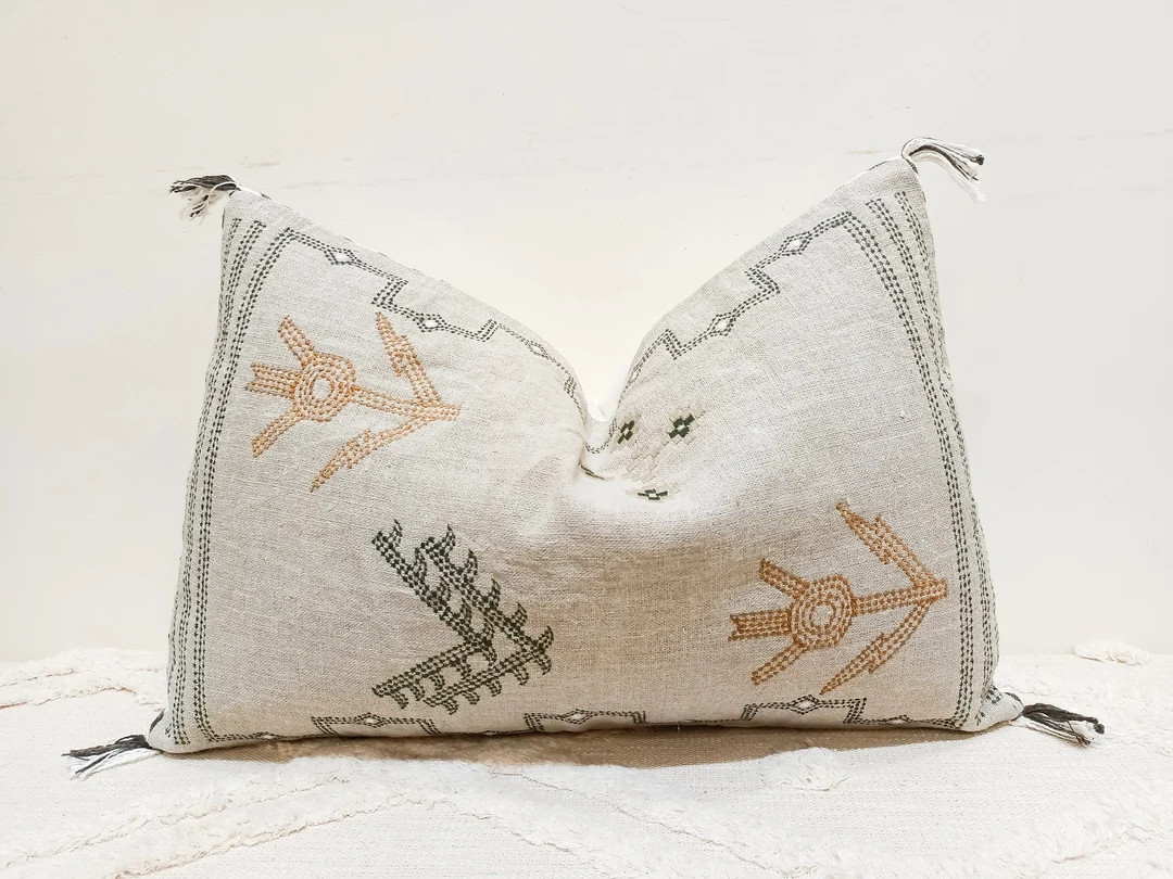 Natural Handmade Boho Linen Cushion Cover Embroidered pillow cover lumbar cushion cover | Etsy (US)