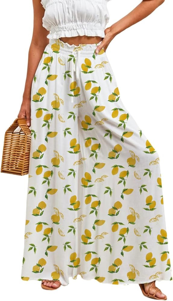 YOCUR Women Summer Beach Vacation Pants High Waisted Wide Leg Floral Palazzo Printed Loose Flowy ... | Amazon (US)