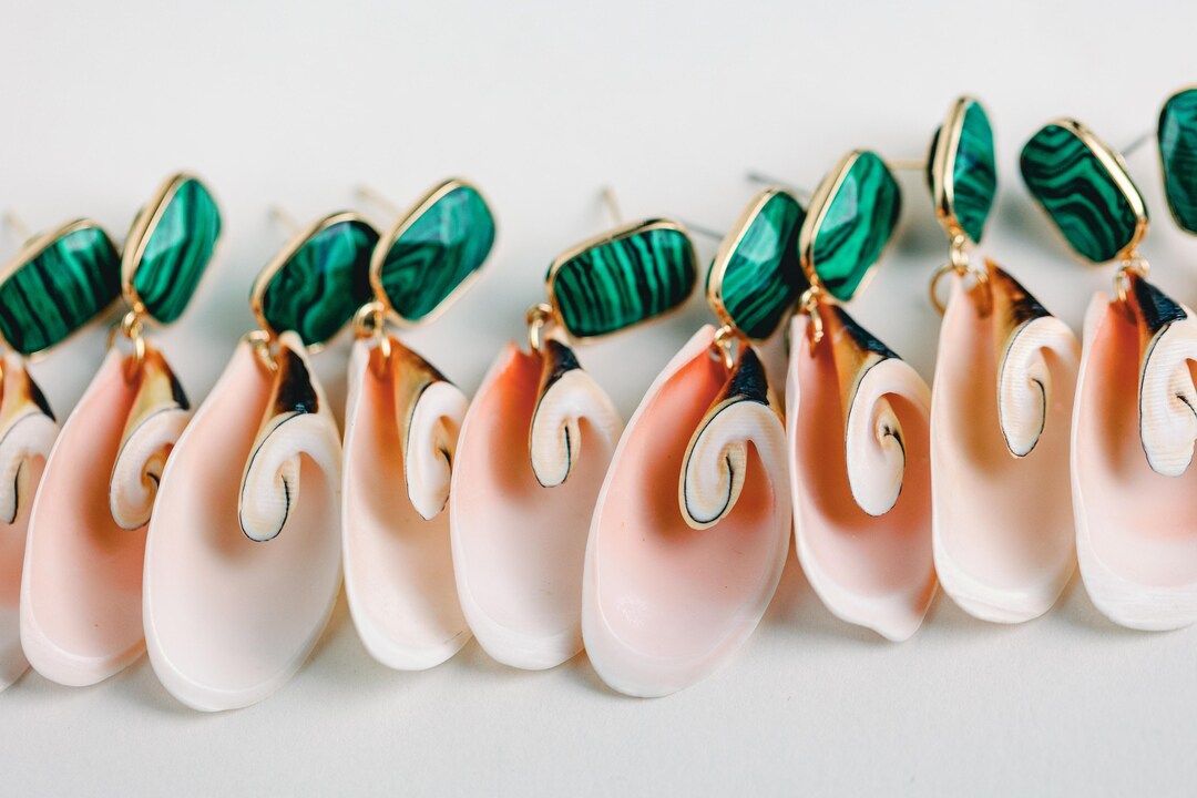 Pink Shell and Green Malachite Statement Earrings - Etsy | Etsy (US)