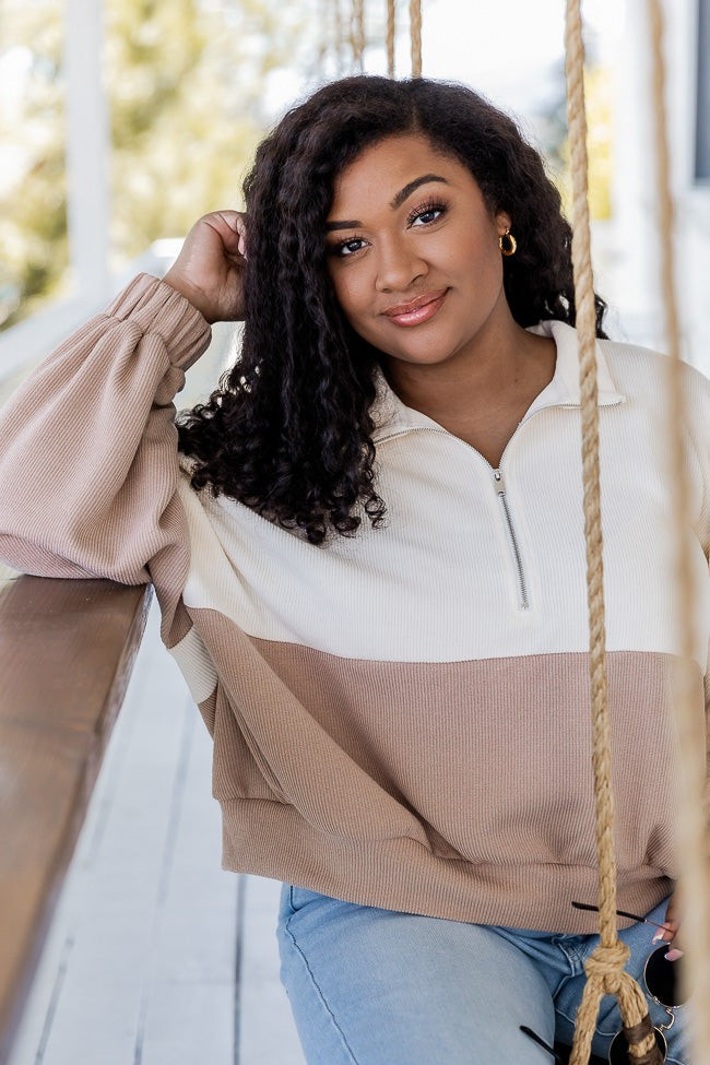 Love Me Or Not Beige And Cream Colorblock Quarter Zip Pullover | Pink Lily