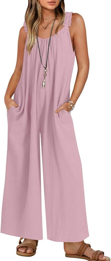 ZESICA Women's Sleeveless V Neck Jumpsuits Summer Casual Loose One Piece Overalls Oversized Wide ... | Amazon (US)