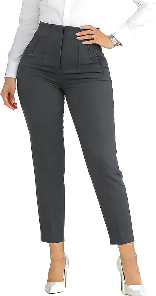 Womens Stretchy Dress Pants 2026 Trendy High Waisted Pleated Straight Leg Business Work Casual Tr... | Amazon (US)