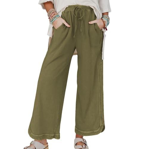 Hixiaohe Women's Casual Wide Leg Sweatpants High Waist Baggy Acid Wash Pants Drawstring Athletic Palazzo Pants with Pockets(Army-Green,XL) | Amazon (US)