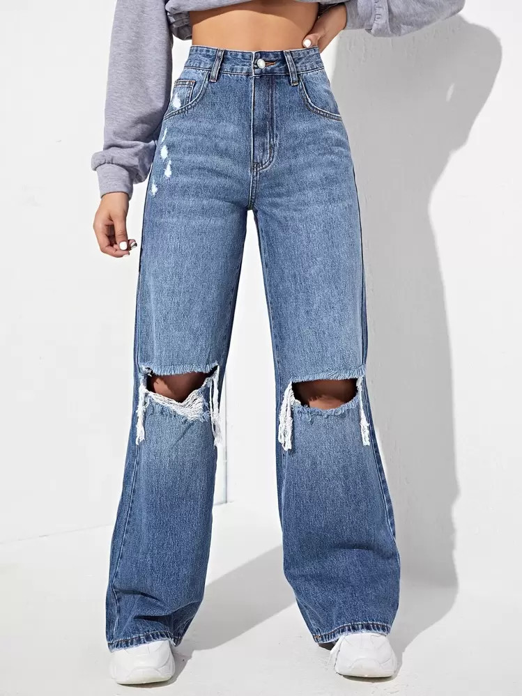 SHEIN EZwear High Waisted Ripped Wide Leg Jeans | SHEIN