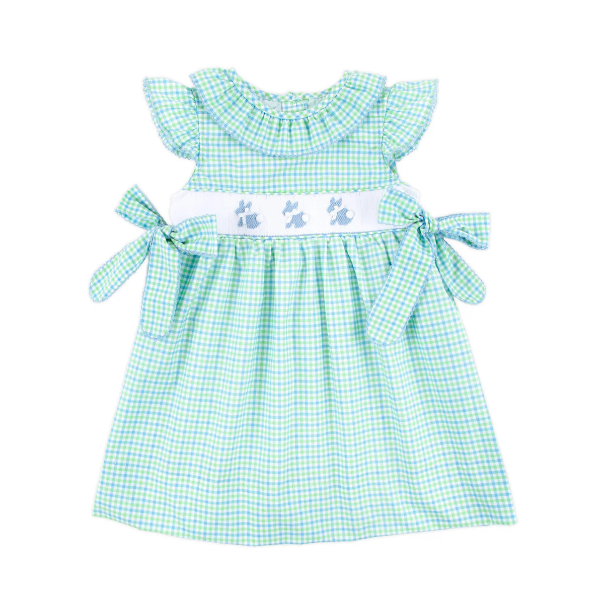 Easter Bunny Smocked Blue & Green Gingham Side Tie Bow Dress | Classic Whimsy